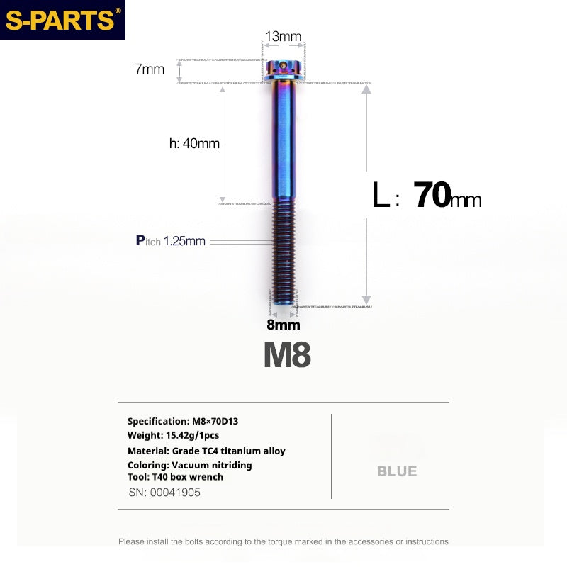 S-PARTS A3 Series M8 Blue Titanium Bolts | Motorcycle and Auto Lightweight Modification Aurora Blue L10-120mm