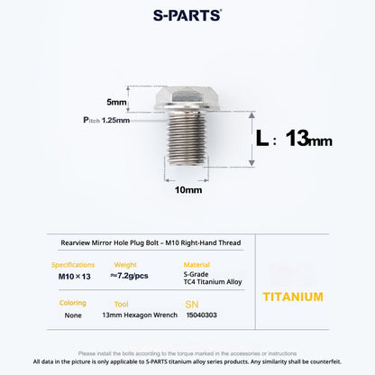 S-PARTS TC4 Titanium Mirror Plug Bolt M8 M10 RH/LH for Motorcycle