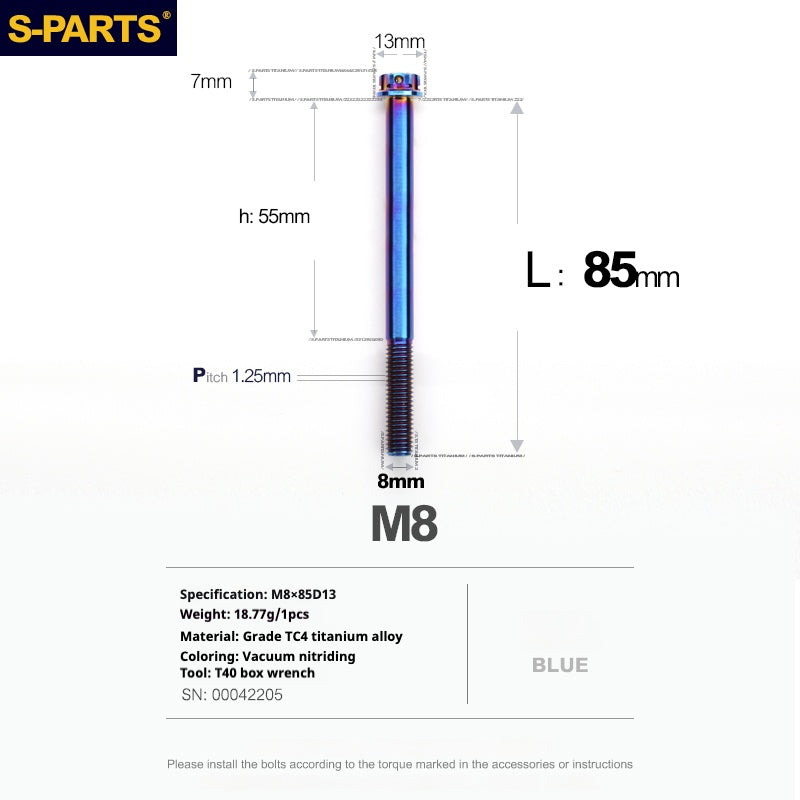 S-PARTS A3 Series M8 Blue Titanium Bolts | Motorcycle and Auto Lightweight Modification Aurora Blue L10-120mm