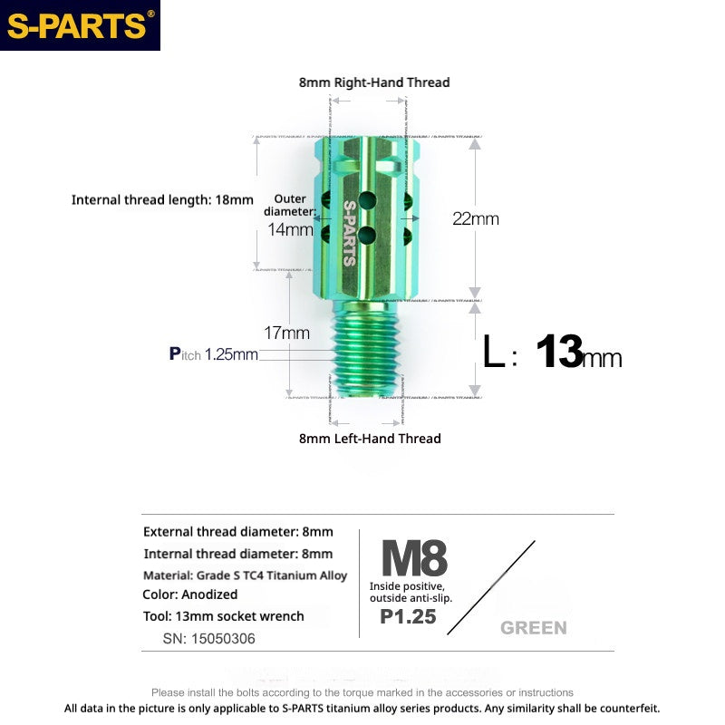 S-PARTS TC4 Titanium M8 to M8 Mirror Adapter Bolt | RH & LH Thread for Motorcycle / E-Bike
