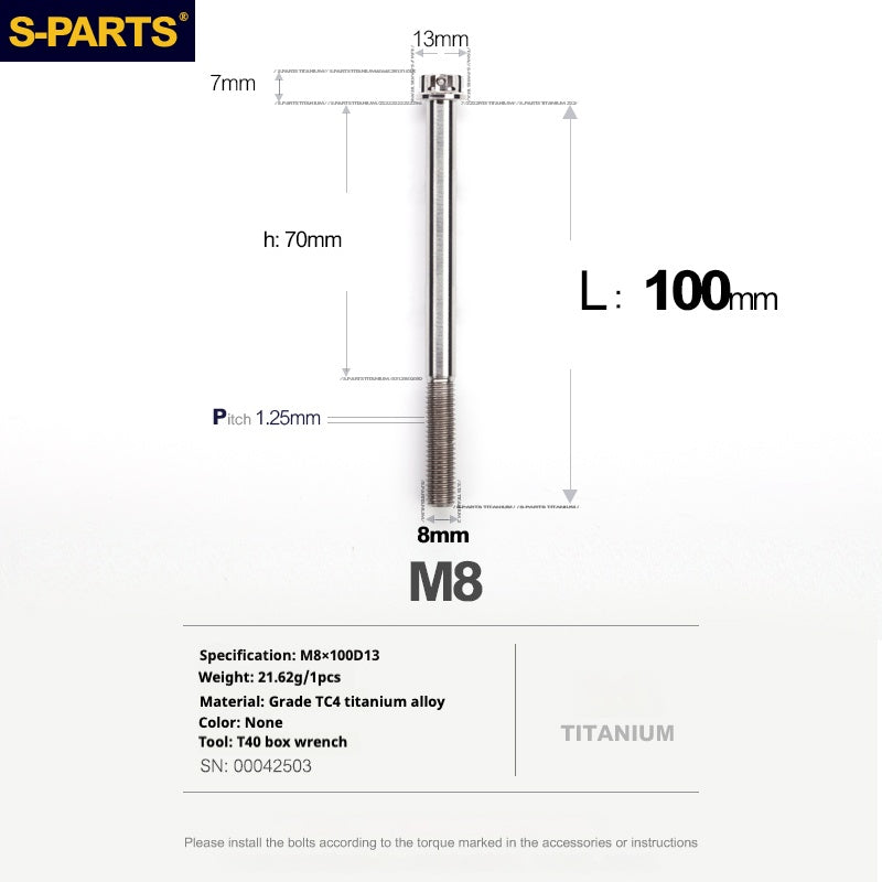 S-PARTS Titanium M8 Bolts A3 Series | Motorcycle Modification Screws for Caliper, Handlebar, Suspension | L10-120mm