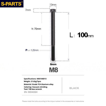 S-PARTS A3 Series M8 Black Titanium Bolts | Motorcycle and Auto Lightweight Modification Obsidian Black L10-120mm