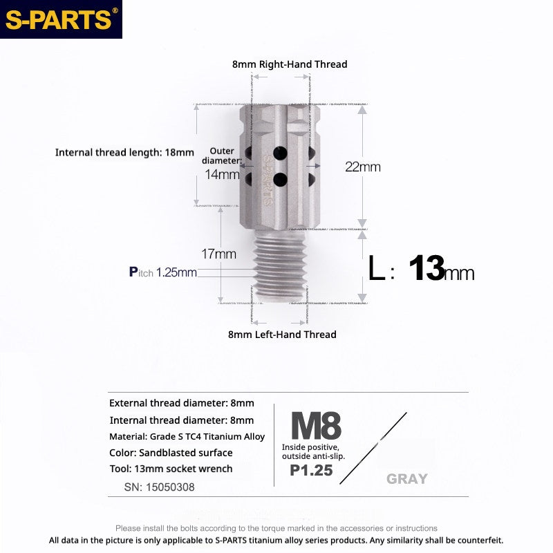 S-PARTS TC4 Titanium M8 to M8 Mirror Adapter Bolt | RH & LH Thread for Motorcycle / E-Bike