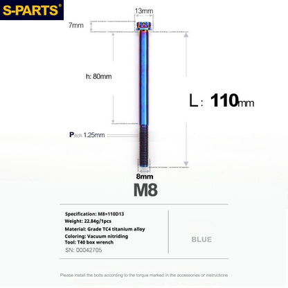 S-PARTS A3 Series M8 Blue Titanium Bolts | Motorcycle and Auto Lightweight Modification Aurora Blue L10-120mm