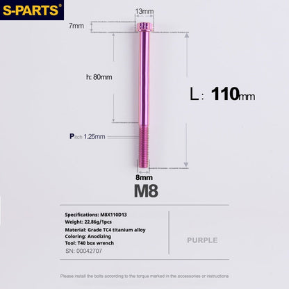 SPARTS A3 Series Purple Titanium Screws M8 L10–120mm for Motorcycle Bicycle Car