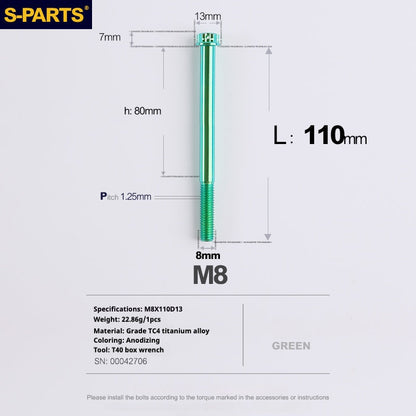 SPARTS A3 Series Green Titanium Screws M8 L10–120mm for Motorcycle Bicycle Car
