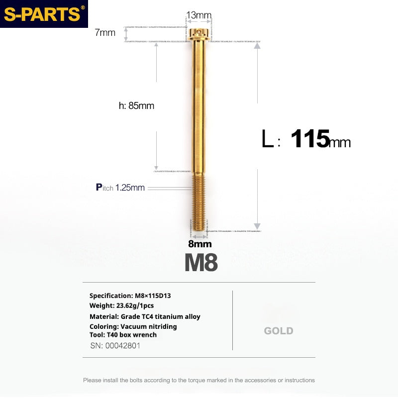 SPARTS A3 Series Golden Titanium Screws M8 L10–120mm for Motorcycle, Bicycle & Car
