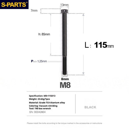 S-PARTS A3 Series M8 Black Titanium Bolts | Motorcycle and Auto Lightweight Modification Obsidian Black L10-120mm