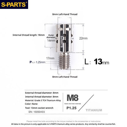 S-PARTS TC4 Titanium M8 to M8 Mirror Adapter Bolt | RH & LH Thread for Motorcycle / E-Bike