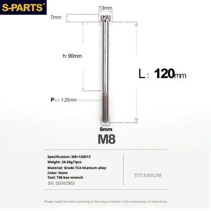 S-PARTS Titanium M8 Bolts A3 Series | Motorcycle Modification Screws for Caliper, Handlebar, Suspension | L10-120mm