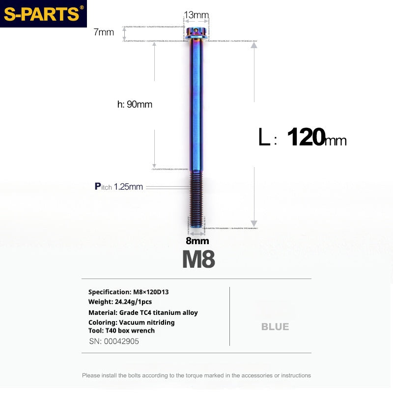 S-PARTS A3 Series M8 Blue Titanium Bolts | Motorcycle and Auto Lightweight Modification Aurora Blue L10-120mm