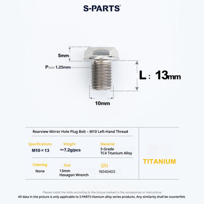 S-PARTS TC4 Titanium Mirror Plug Bolt M8 M10 RH/LH for Motorcycle