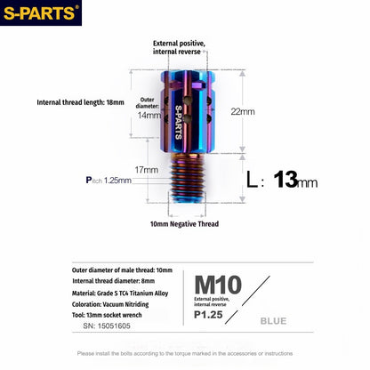 S-PARTS M10 to M10 Titanium Forward & Reverse Thread Motorcycle Mirror Adapter Bolt Upgrade