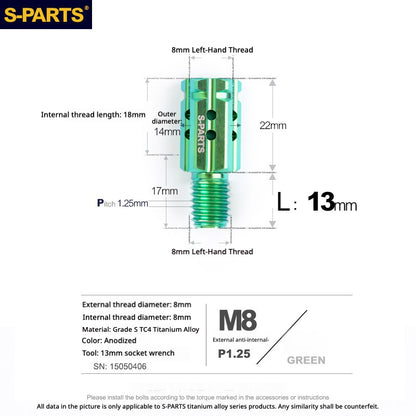 S-PARTS TC4 Titanium M8 to M8 Mirror Adapter Bolt | RH & LH Thread for Motorcycle / E-Bike