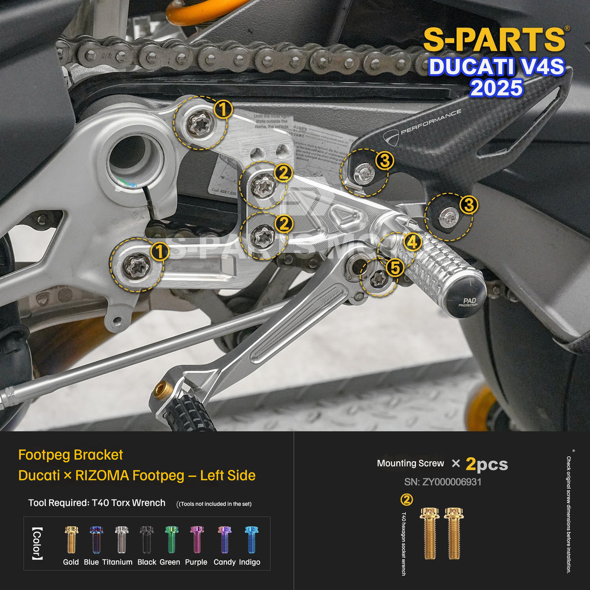 S-PARTS Titanium Engine and Rearset Fastener Kit for Ducati Panigale V4 S 2025