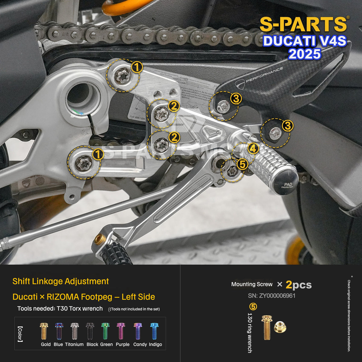 S-PARTS Titanium Engine and Rearset Fastener Kit for Ducati Panigale V4 S 2025