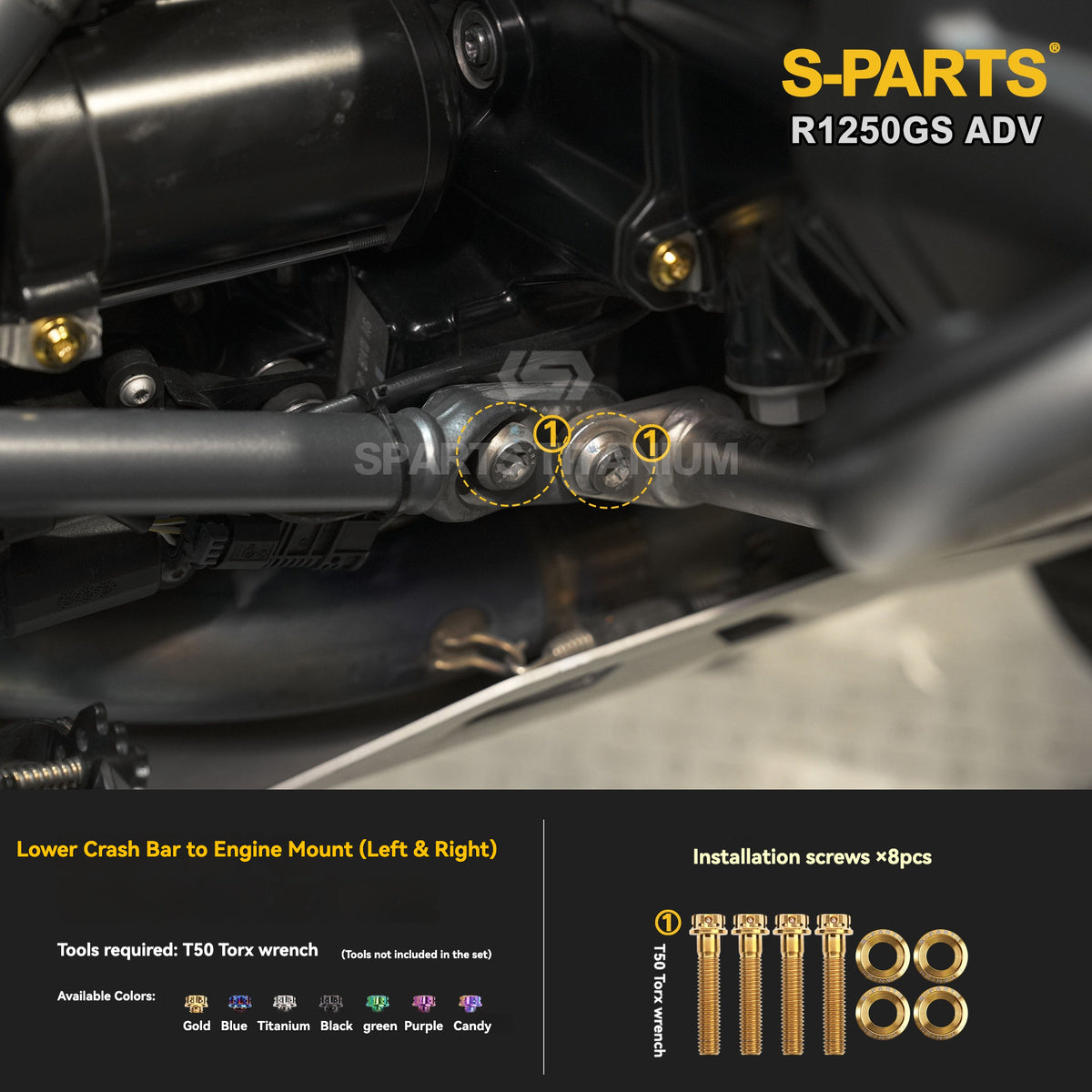 SPARTS Titanium Engine Cover, Exhaust & Crash Bar Bolt Kit for BMW R1250GS / ADV