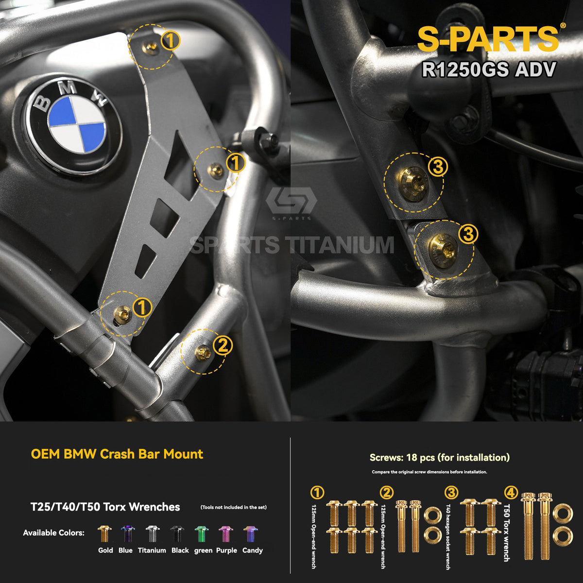 SPARTS Titanium Engine Cover, Exhaust & Crash Bar Bolt Kit for BMW R1250GS / ADV