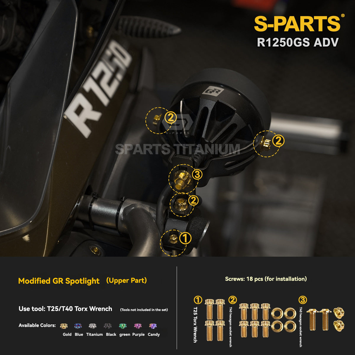 SPARTS Titanium Fairing, Spotlight & Accessory Bolt Kit for BMW R1250GS / ADV