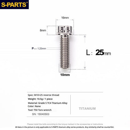 S-PARTS TC4 Titanium Mirror Plug Bolt M8 M10 RH/LH for Motorcycle