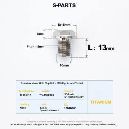 S-PARTS TC4 Titanium Mirror Plug Bolt M8 M10 RH/LH for Motorcycle