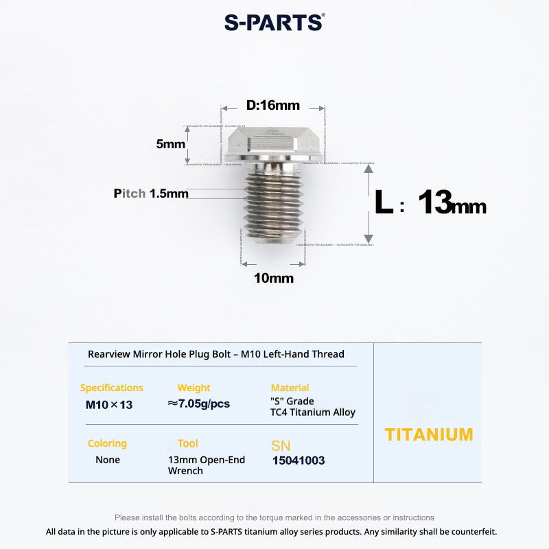 S-PARTS TC4 Titanium Mirror Plug Bolt M8 M10 RH/LH for Motorcycle